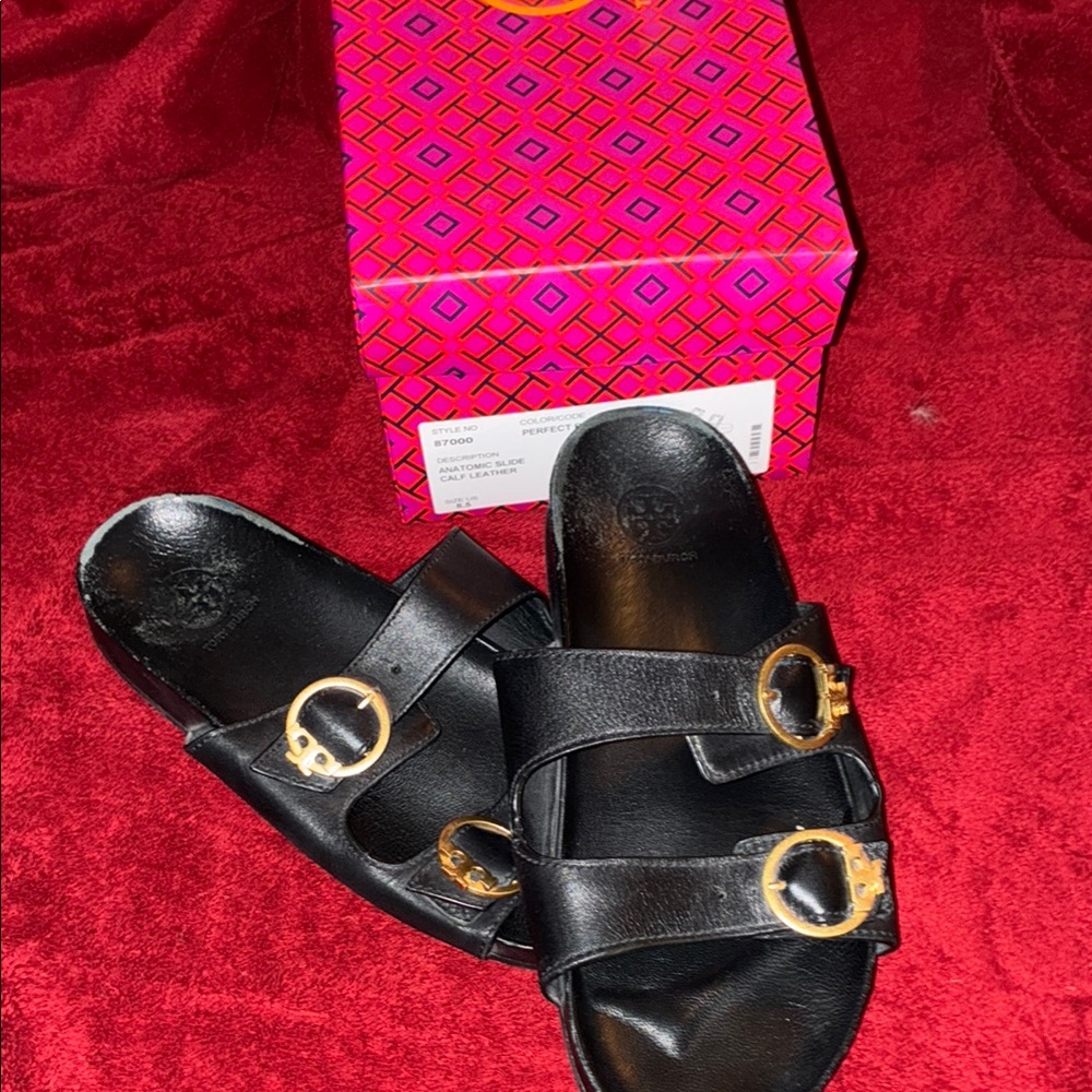 Tory Burch Black Slides with Gold Accents